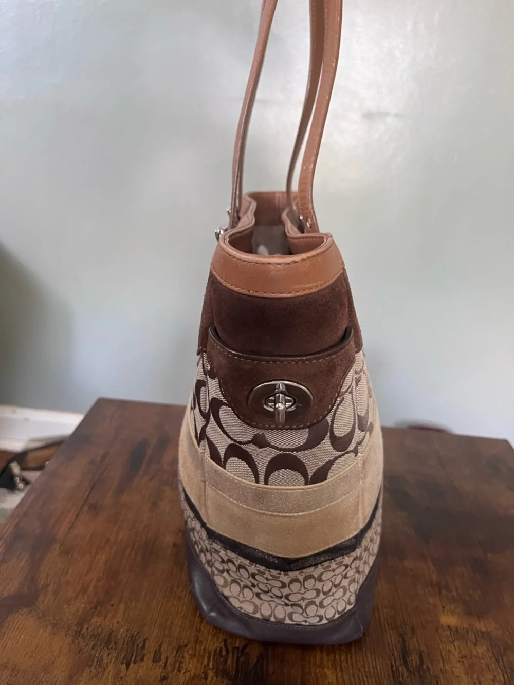 Coach Signature Patchwork stripe Tote in Brown, Tan and Cream - Picture 4 of 12